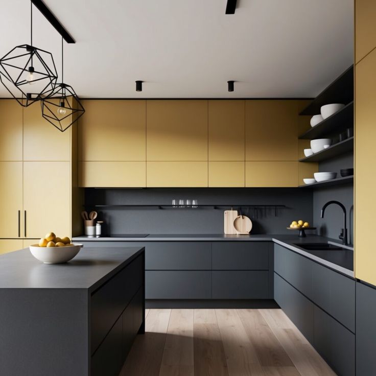 AIS Cabinet high-gloss yellow kitchen cabinets with modern appliances.