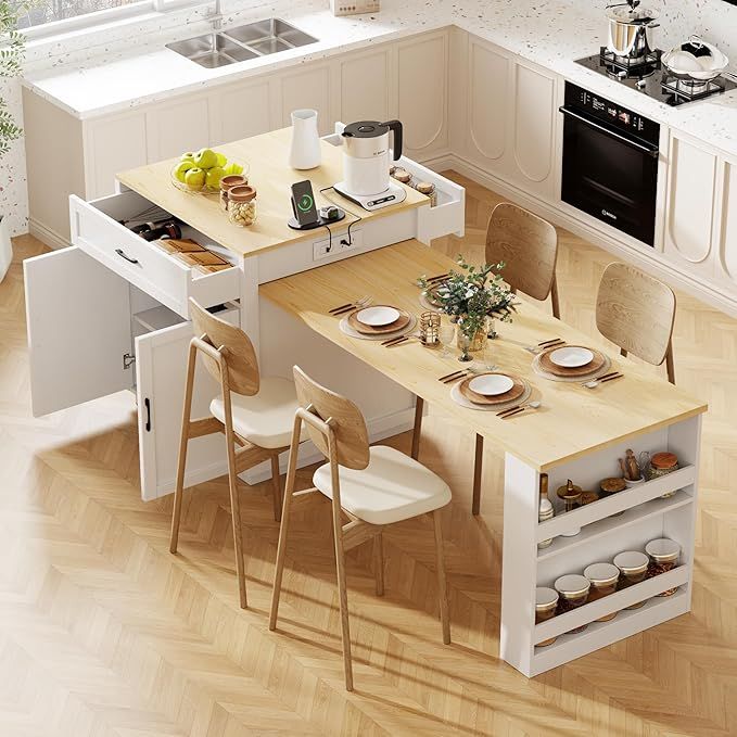 AIS Cabinet Kitchen island with open wood shelving displaying dishes and decor.