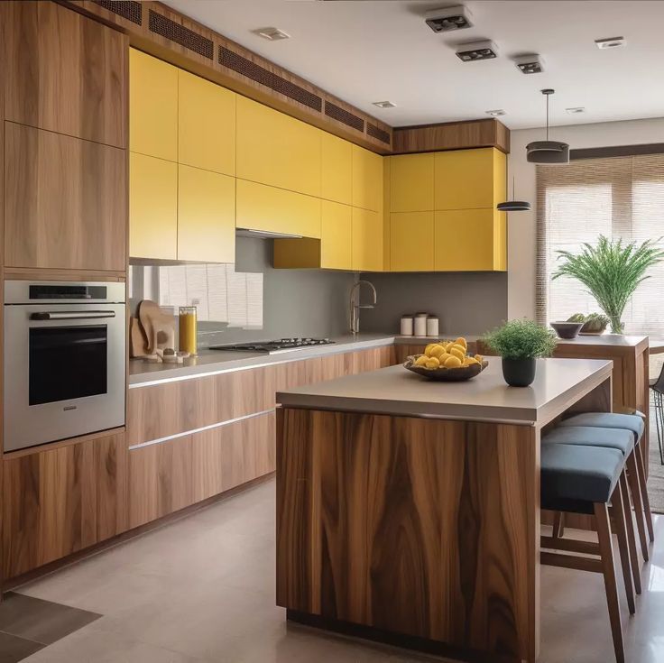 AIS Cabinet modern kitchen island with yellow cabinets.