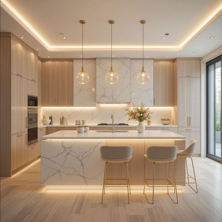 AIS Cabinet White quartz kitchen countertop with subtle veining in a modern open-plan kitchen.