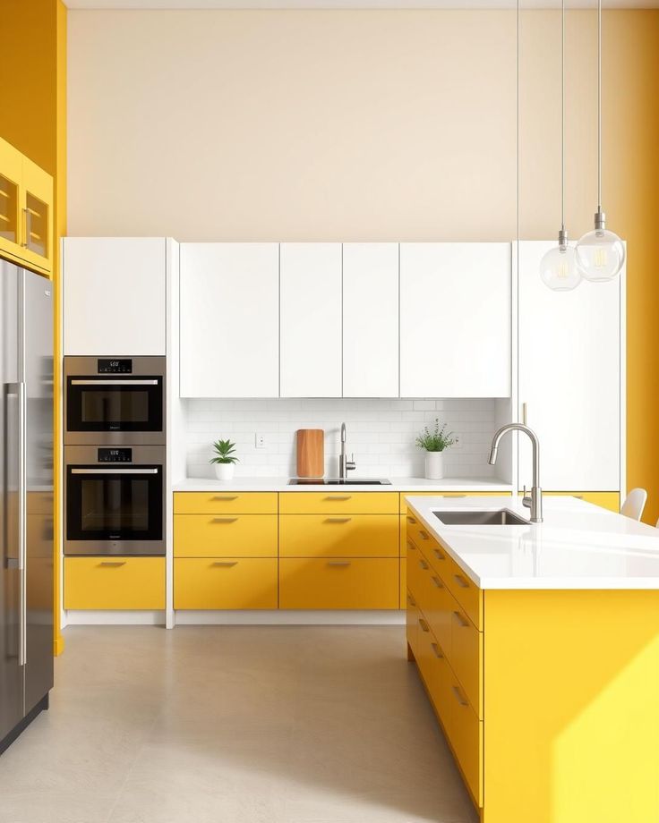 AIS Cabinet two-tone yellow and white kitchen cabinets with white uppers and yellow lowers.