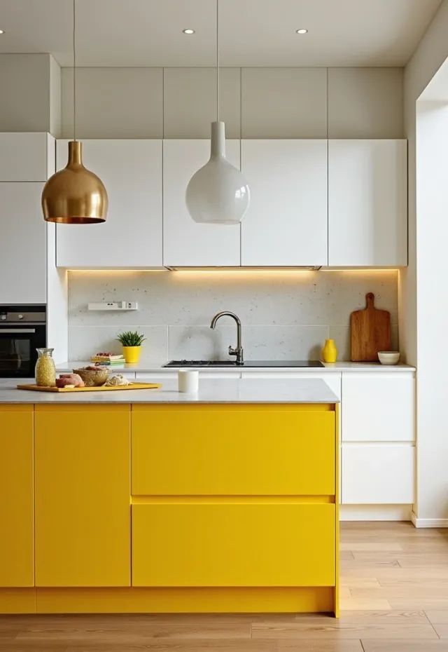 AIS Cabinet yellow shaker-style kitchen cabinets with brass hardware.