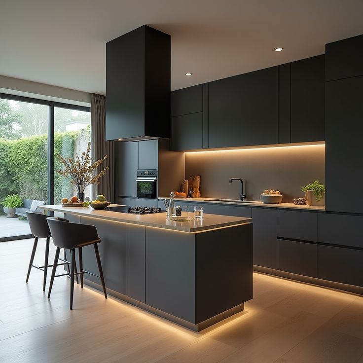 AIS Cabinet Wood-look HPL laminate countertop in a compact kitchen layout.