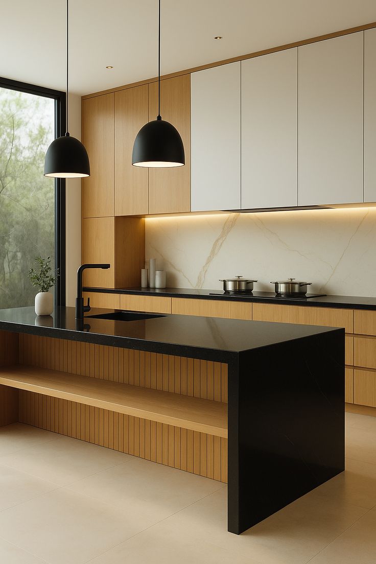 AIS Cabinet yellow kitchen cabinets paired with natural wood countertop and shelves.