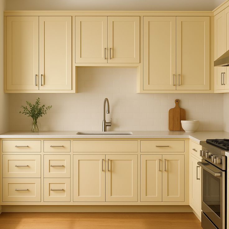 AIS Cabinet pastel yellow kitchen cabinets in a bright, minimalist kitchen interior.